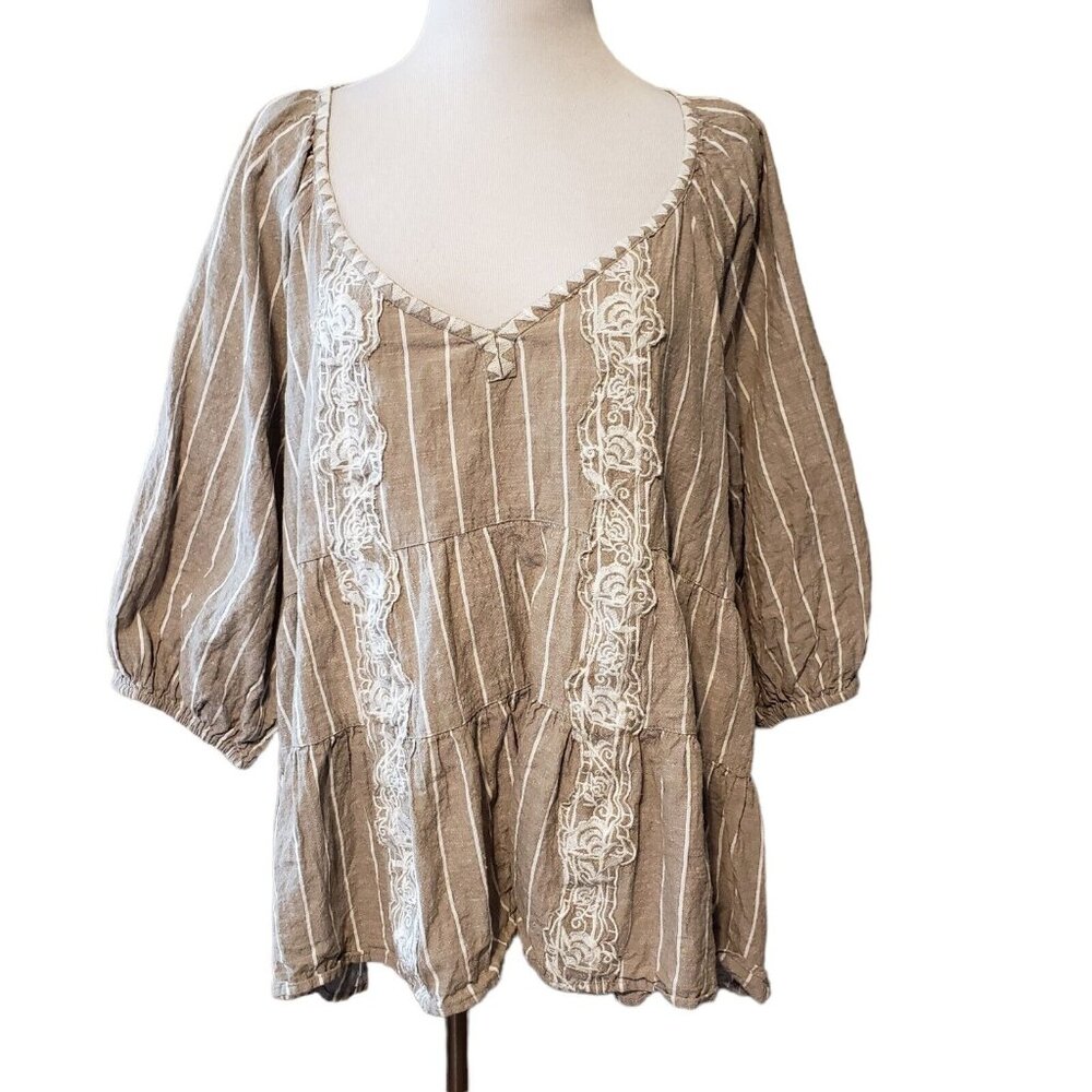 Melissa Paige‎ Boho Floral Embroidered Linen blend tiered top size L
